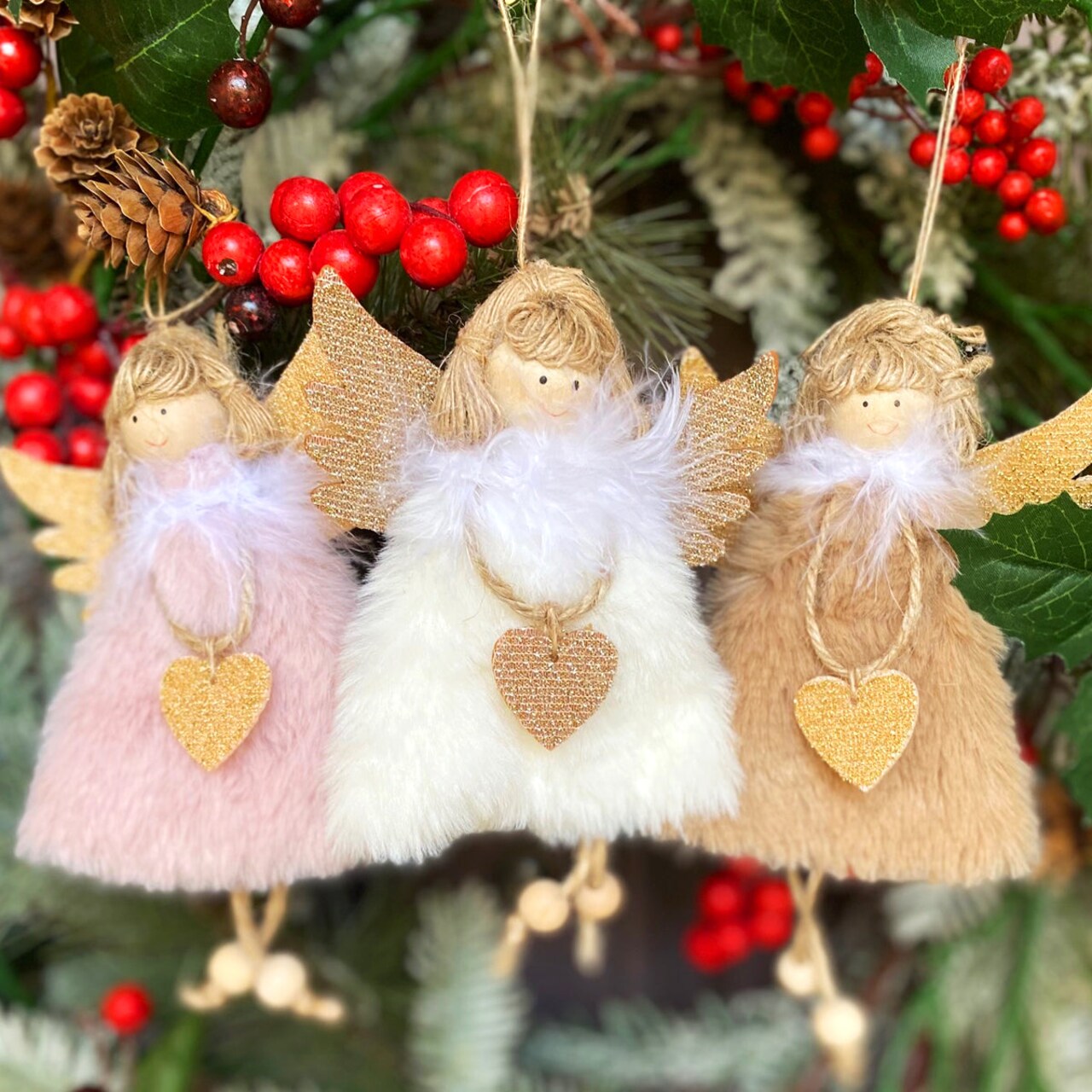 Wrapables Plush Christmas Angel Ornaments, Fairy Doll Hanging Tree Decorations (Set of 3), Pink Khaki White